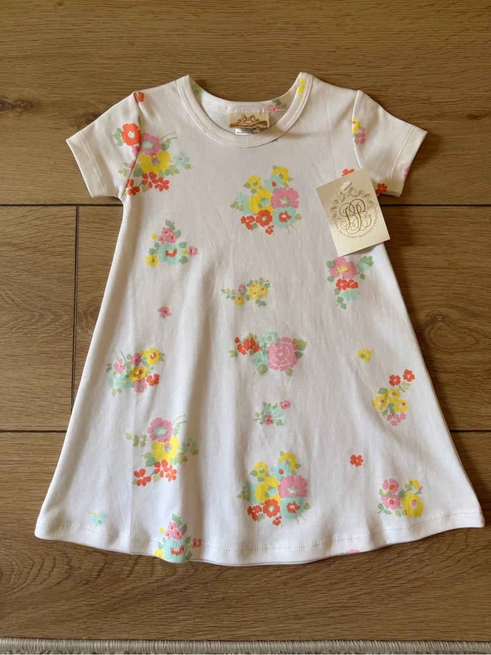 White Floral Print A-Line Dress with Pink, Yellow and Mint Accents
